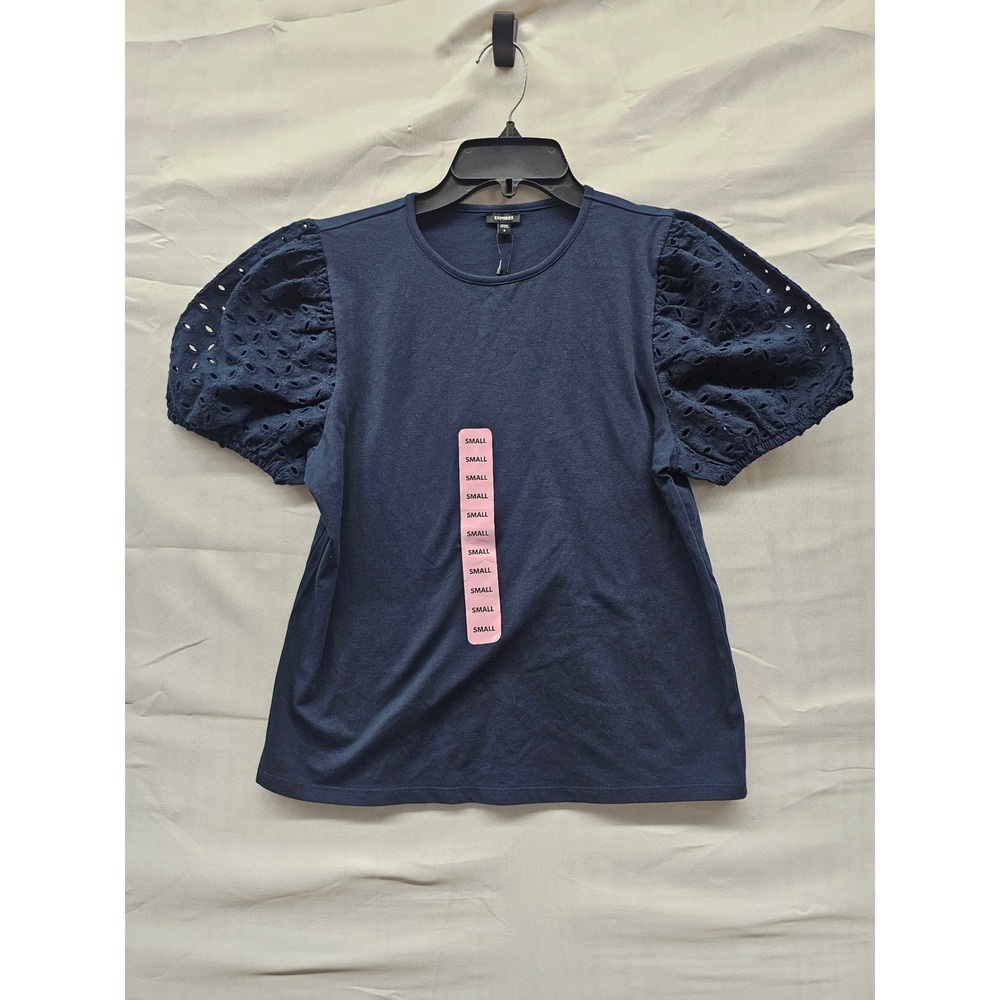 Express Womens Navy Eyelet Puff Sleeve Knit Top Crew Neck Small EX007955
